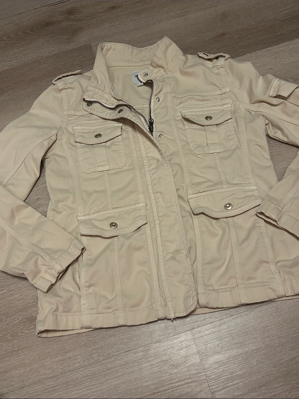 Kensie Jeans Beige Multi Pocket Cargo Style Women's Utility Jacket sz medium